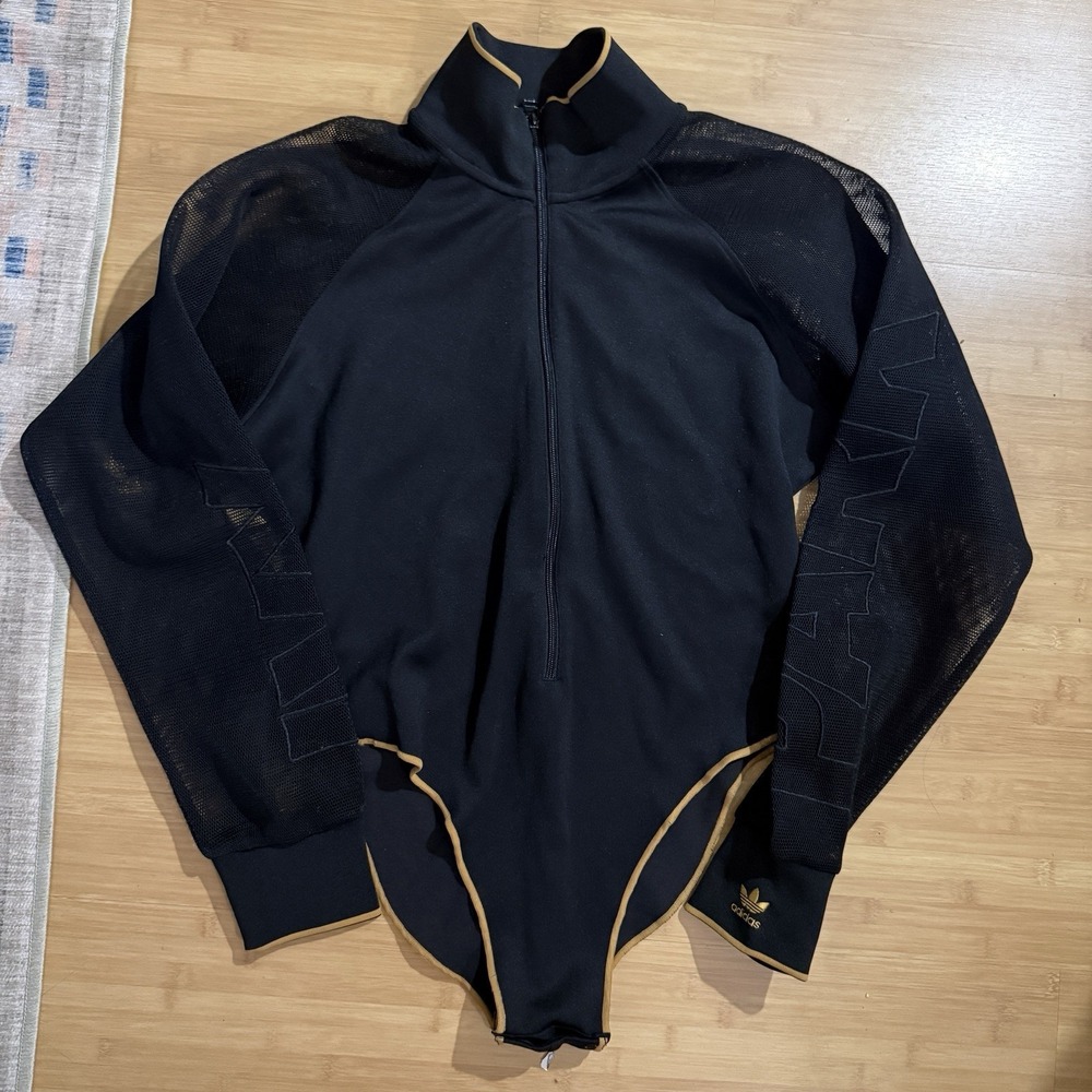 Adidas X Ivy Park Women's Size 1X Black Mesh Poof Sleeve Bodysuit Gold Beyoncé